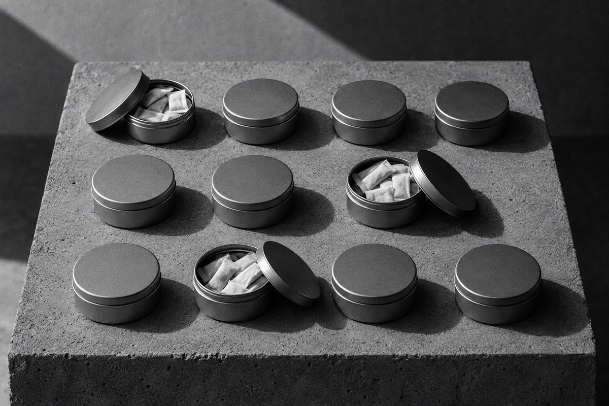 Round product tins on concrete